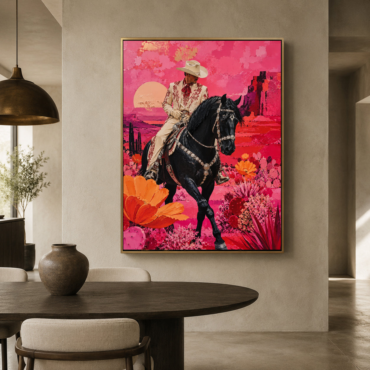 Maximalist Pink Western Cowboy Canvas Art with Black Horse