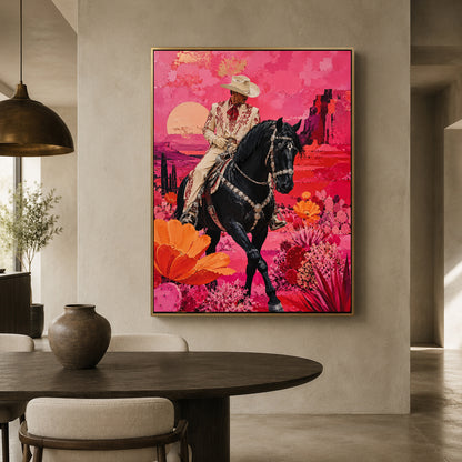 Maximalist Pink Western Cowboy Canvas Art with Black Horse