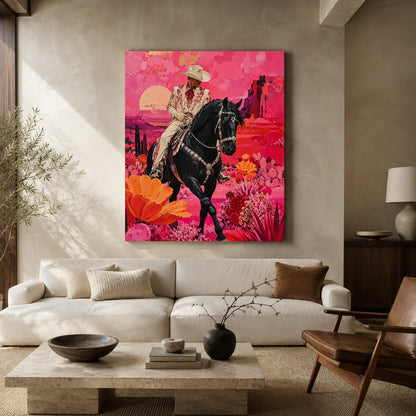 Maximalist Pink Western Cowboy Canvas Art with Black Horse