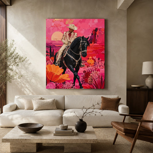 Maximalist Pink Western Cowboy Canvas Art with Black Horse