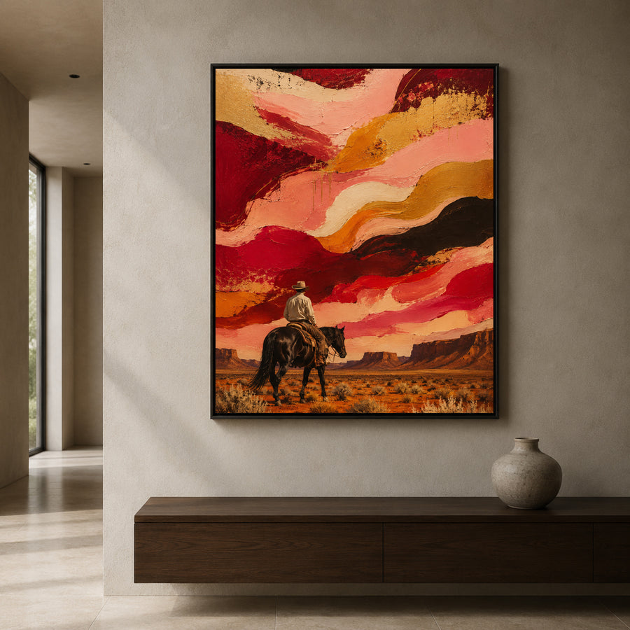 A framed abstract western-style wall art print hangs on a light gray wall above a dark wood console table. The artwork features a cowboy riding a horse beneath dramatic swirling brushstrokes in red, pink, orange, and black.