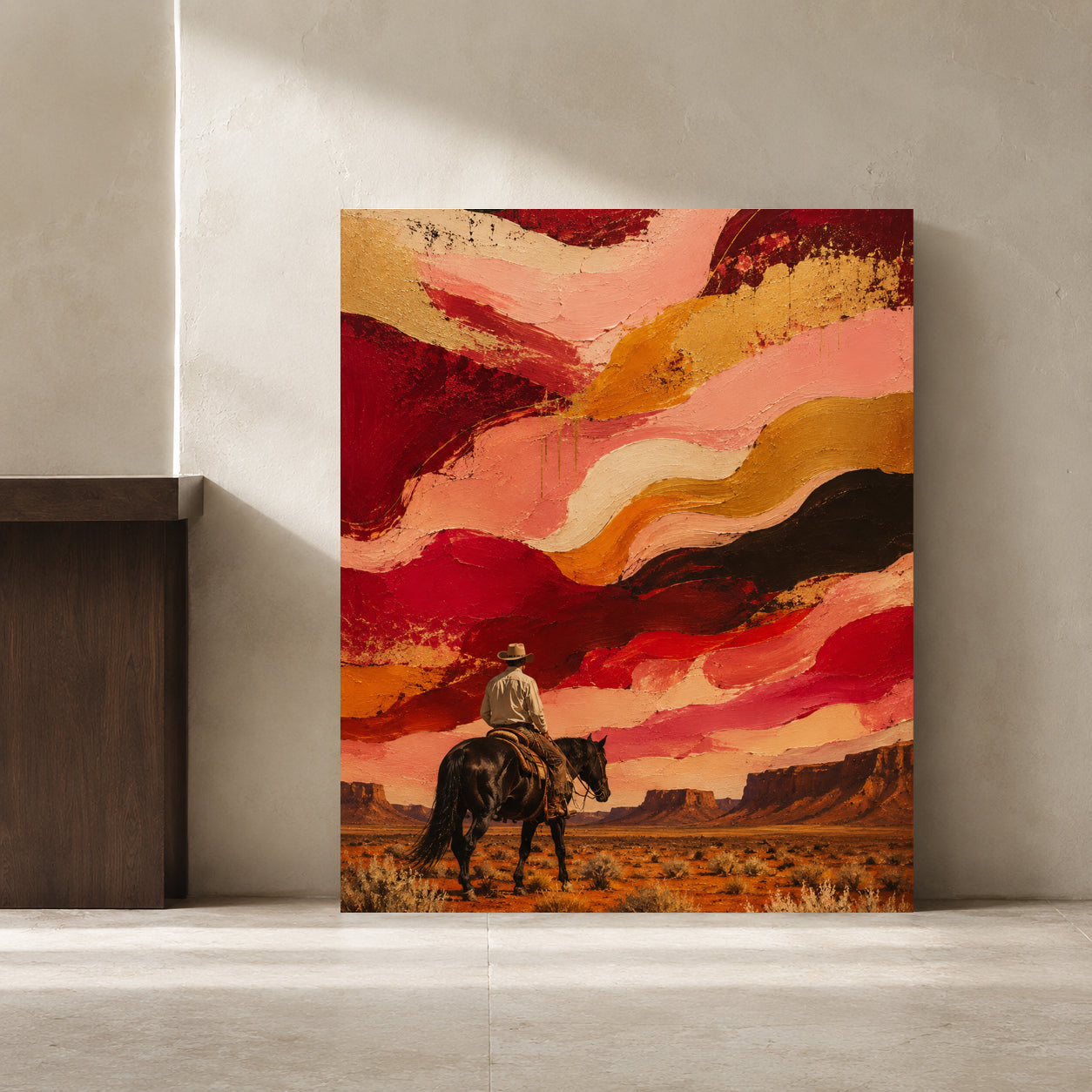 A vertical canvas art print leaning against a textured beige wall in a minimalist interior. The artwork depicts a dramatic western landscape with a cowboy riding a horse under a swirling sky of red, pink, orange, and gold tones.