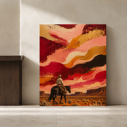 A vertical canvas art print leaning against a textured beige wall in a minimalist interior. The artwork depicts a dramatic western landscape with a cowboy riding a horse under a swirling sky of red, pink, orange, and gold tones.