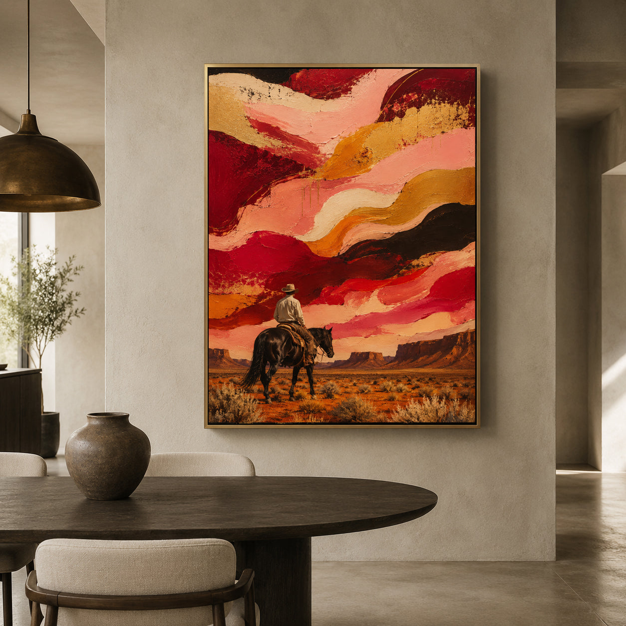 A framed wall art print hangs on a light gray wall in a modern dining room. The artwork depicts a lone rider on horseback against a dramatic abstract sky in red, pink, orange, and black brushstrokes.