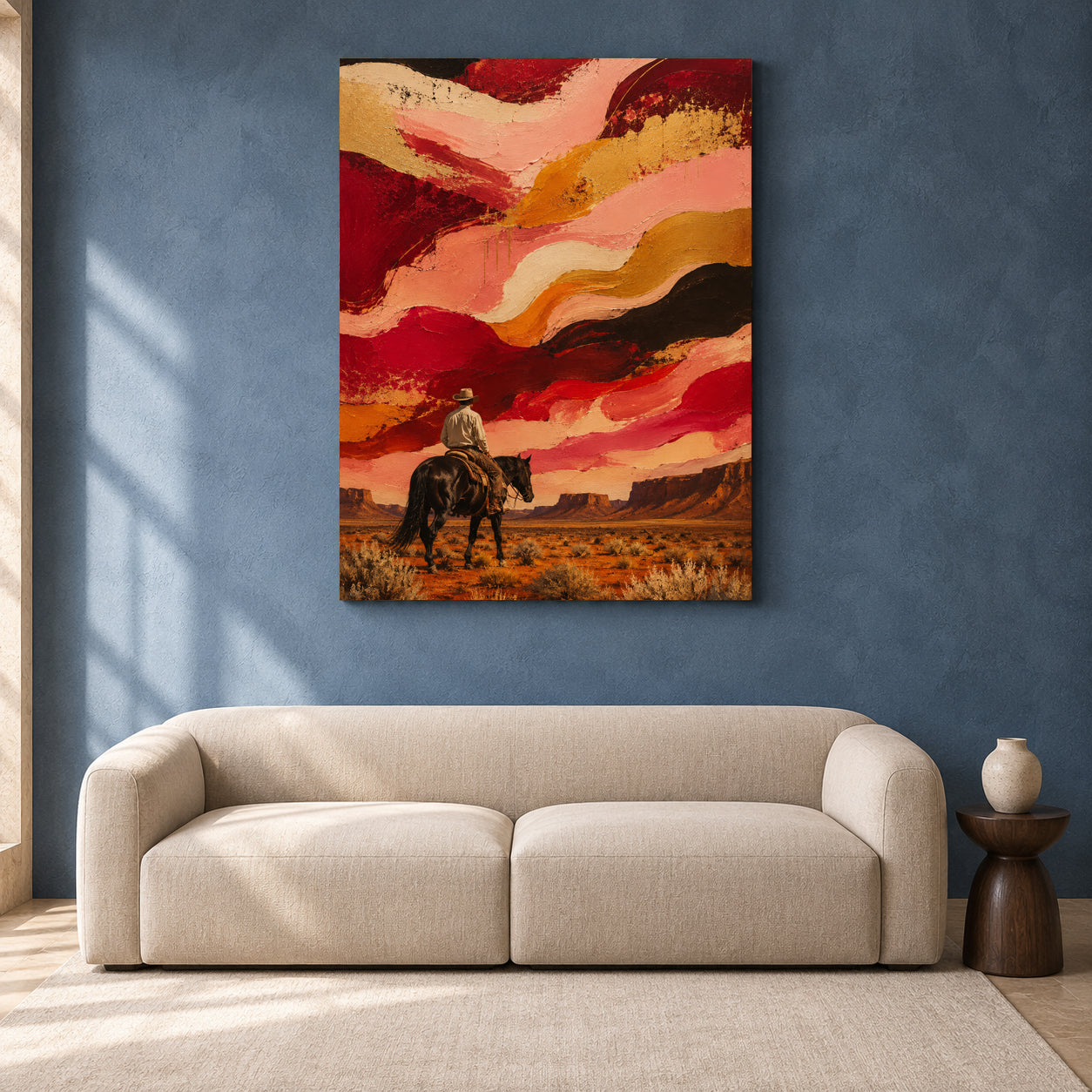 A vertical canvas wall art print featuring a western desert scene with a cowboy on a horse, displayed on a textured blue wall above a beige sofa in a modern living room setting.
