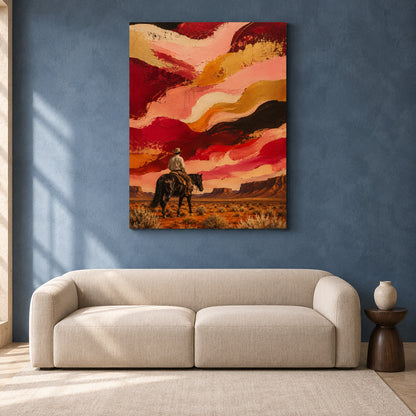 A vertical canvas wall art print featuring a western desert scene with a cowboy on a horse, displayed on a textured blue wall above a beige sofa in a modern living room setting.
