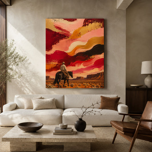 Modern Cowboy Desert Canvas Art in Red and Pink