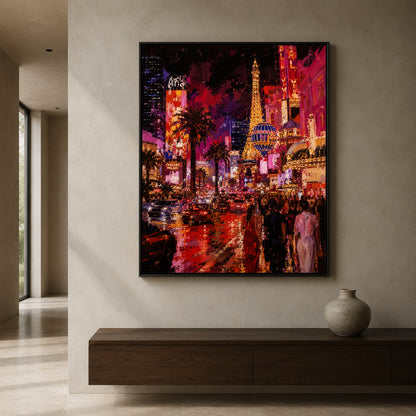 A framed vertical canvas art print depicting a vibrant, colorful night scene of Las Vegas with the Eiffel Tower and palm trees, displayed on a beige wall above a dark wood console table with a ceramic vase.