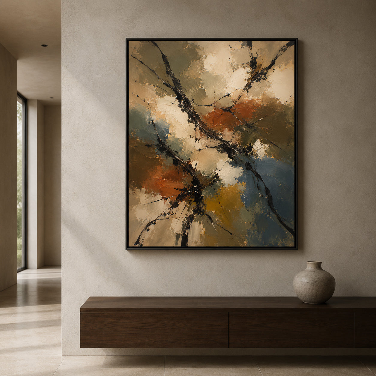 Warm Neutral Abstract Canvas Art with Rust Ochre and Charcoal