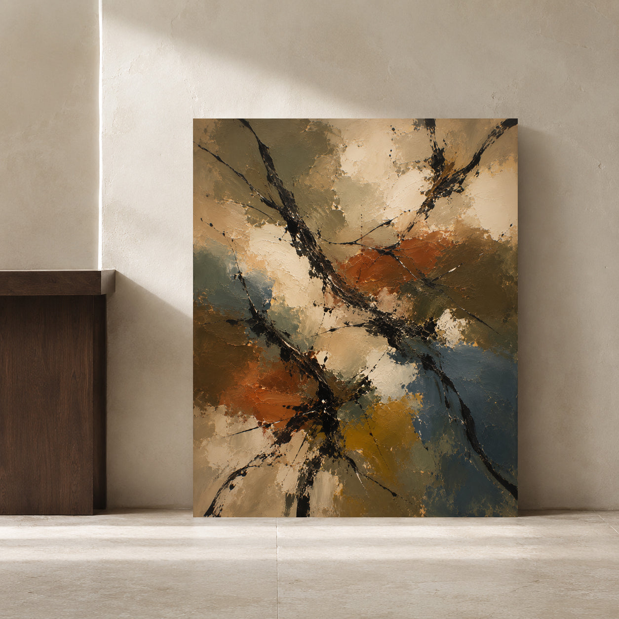 Warm Neutral Abstract Canvas Art with Rust Ochre and Charcoal
