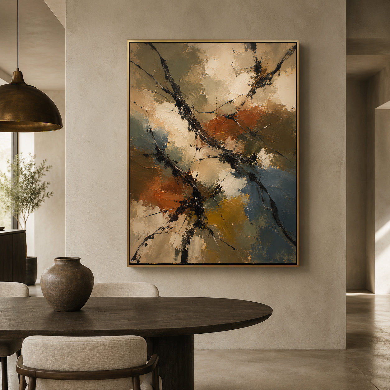 Warm Neutral Abstract Canvas Art with Rust Ochre and Charcoal