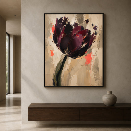 A framed abstract floral wall art print hangs on a beige wall above a dark wood console table. The artwork depicts a tulip-like bloom in deep burgundy, plum, and cream tones with small coral accents and a dark green stem.