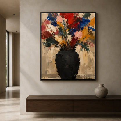 Colorful Wildflower Bouquet Abstract Canvas Art with Black Vase