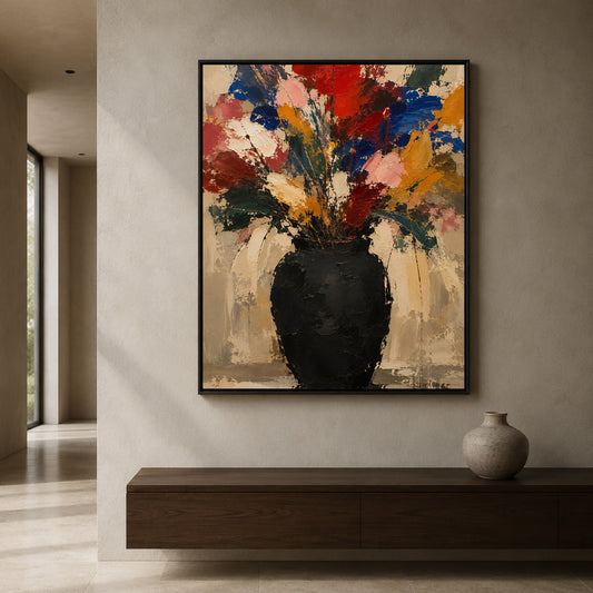 Colorful Wildflower Bouquet Abstract Canvas Art with Black Vase