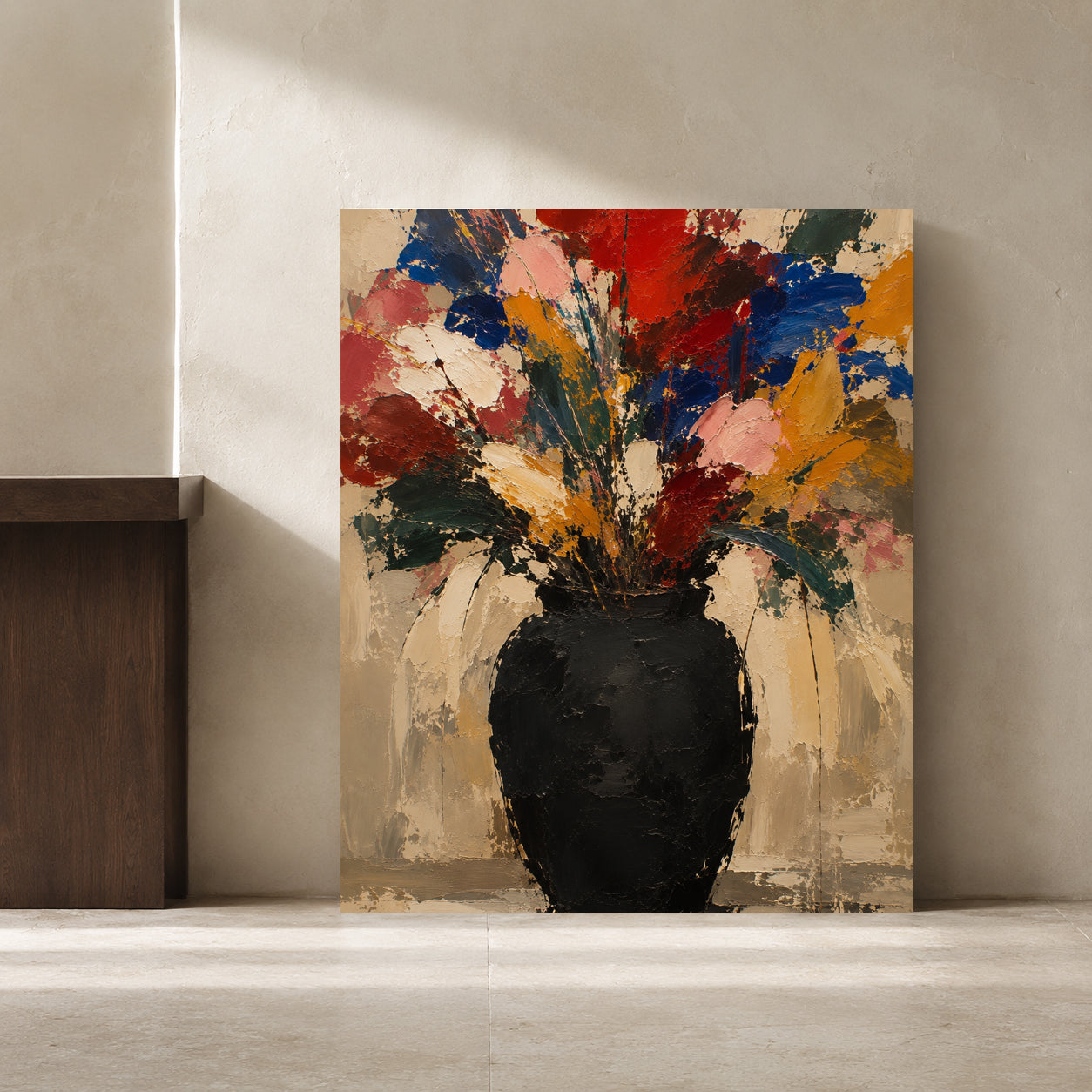 Colorful Wildflower Bouquet Abstract Canvas Art with Black Vase
