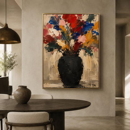 Colorful Wildflower Bouquet Abstract Canvas Art with Black Vase