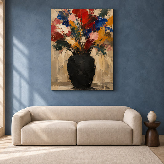 Colorful Wildflower Bouquet Abstract Canvas Art with Black Vase