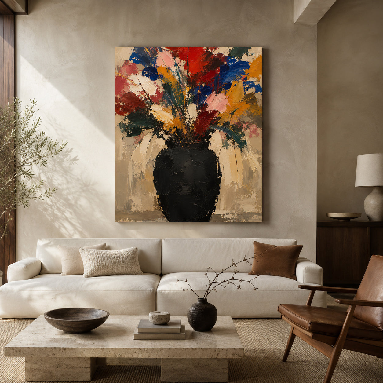 Colorful Wildflower Bouquet Abstract Canvas Art with Black Vase