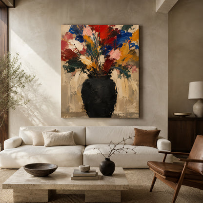 Colorful Wildflower Bouquet Abstract Canvas Art with Black Vase