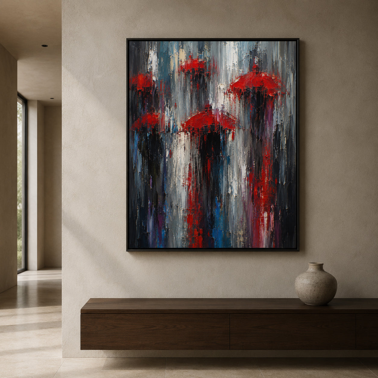 Red Umbrellas in the Rain Abstract City Canvas Art