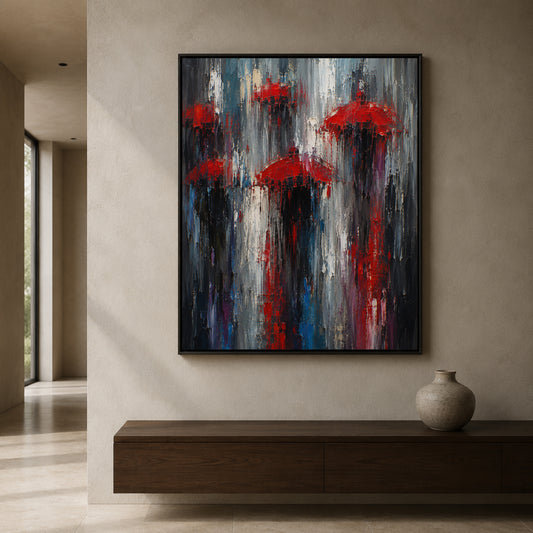 Red Umbrellas in the Rain Abstract City Canvas Art