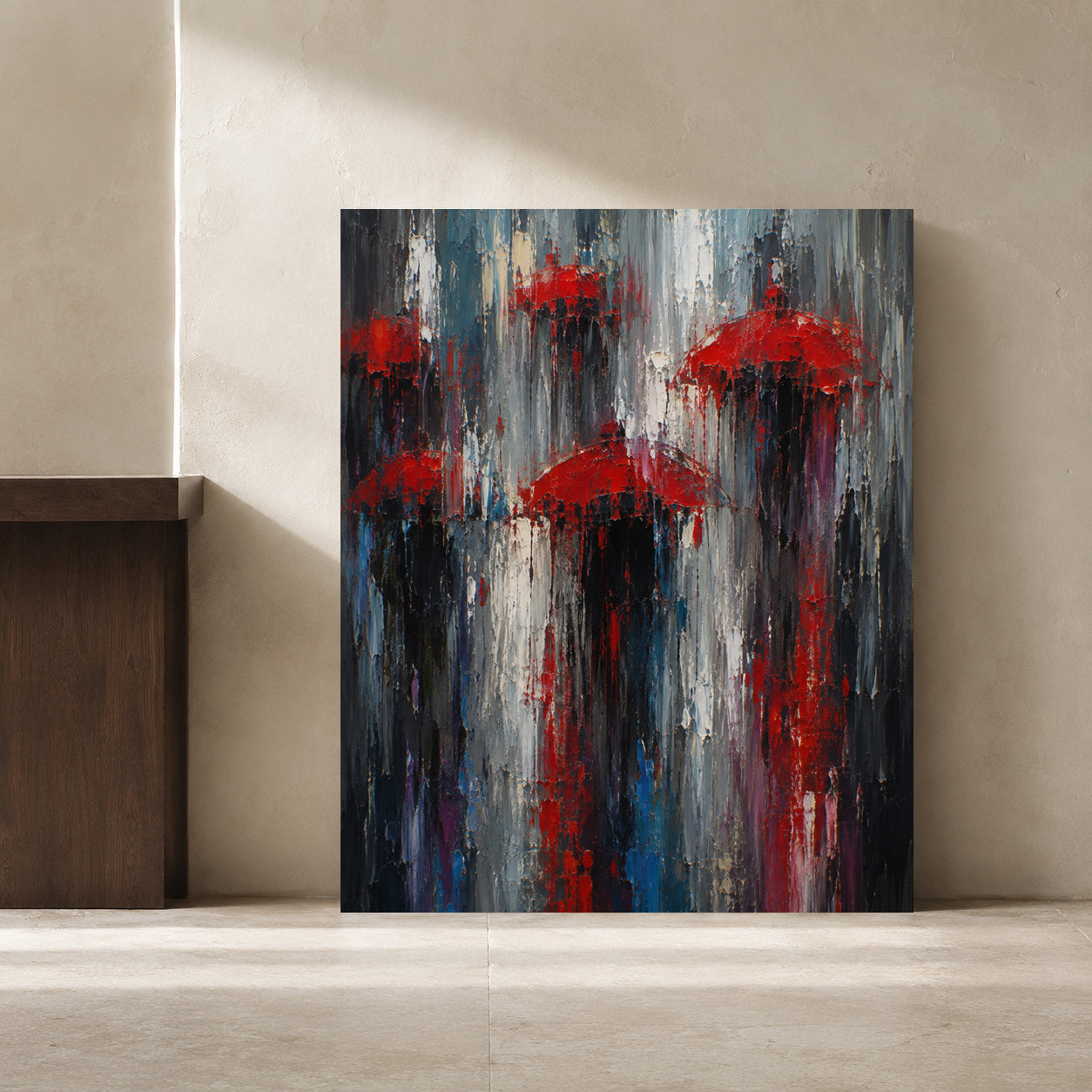 Red Umbrellas in the Rain Abstract City Canvas Art
