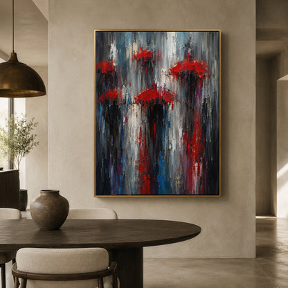 Red Umbrellas in the Rain Abstract City Canvas Art