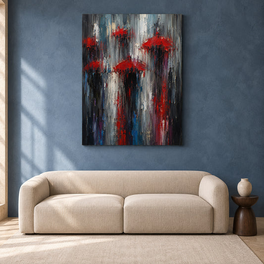 Red Umbrellas in the Rain Abstract City Canvas Art