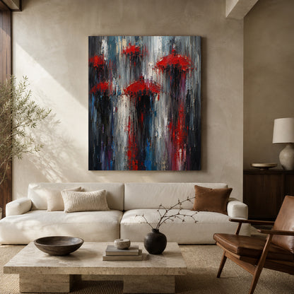 Red Umbrellas in the Rain Abstract City Canvas Art