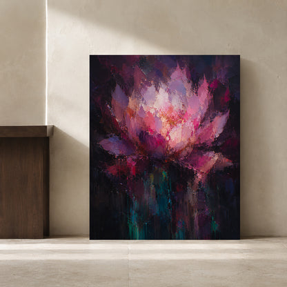 An abstract floral canvas print featuring a lotus flower in shades of pink, purple, and magenta, displayed leaning against a textured beige plaster wall.