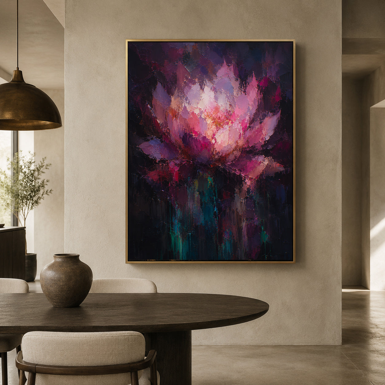 A large framed abstract painting of a lotus flower in shades of purple, pink, and blue, hanging on a textured beige wall in a modern dining room setting.