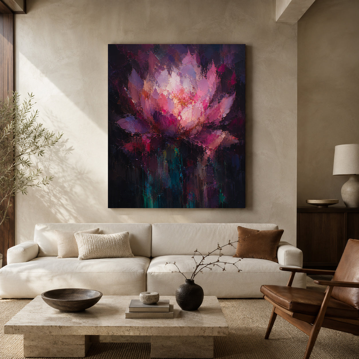 A large vertical canvas painting of a vibrant pink and purple lotus flower hanging on a beige wall above a modern white sofa in a styled living room.