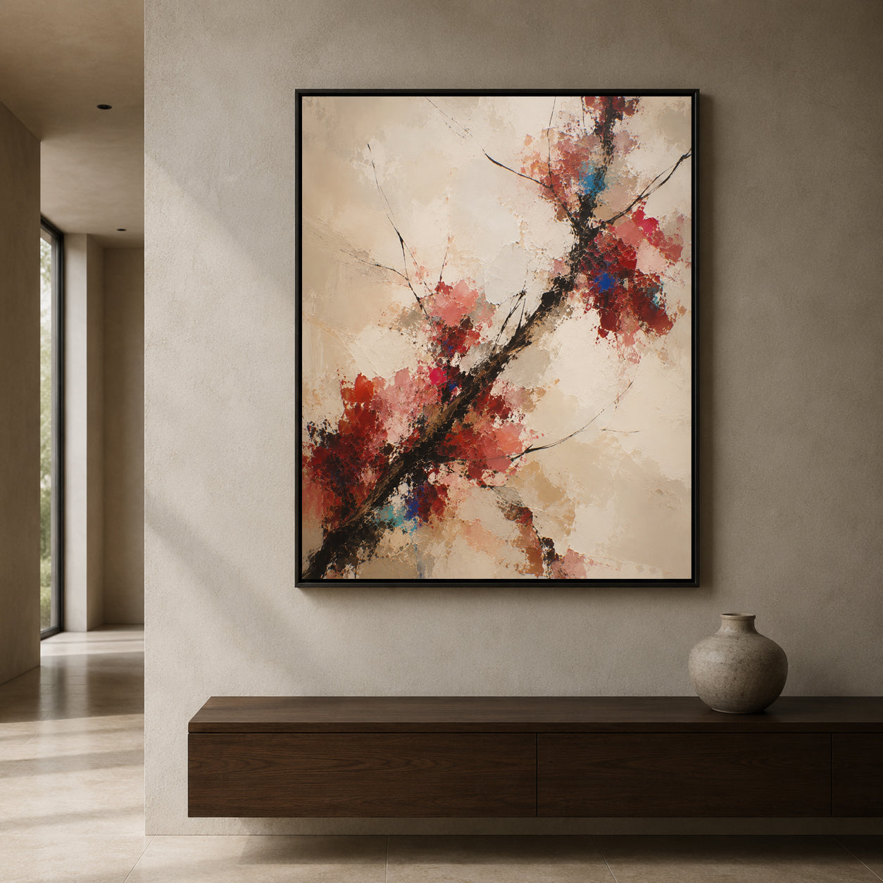 Textured Red Blossom Branch Abstract Canvas Art
