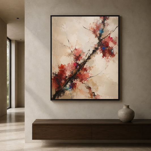 Textured Red Blossom Branch Abstract Canvas Art