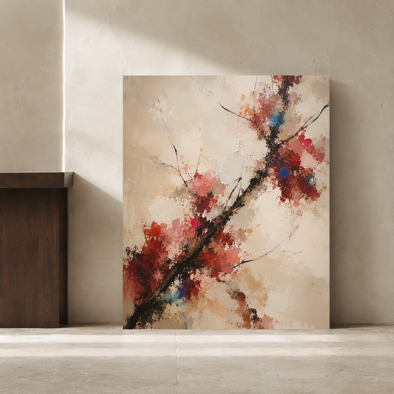Textured Red Blossom Branch Abstract Canvas Art
