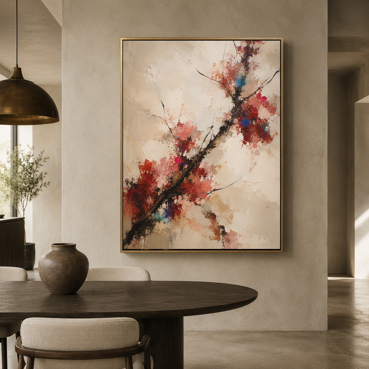 Textured Red Blossom Branch Abstract Canvas Art