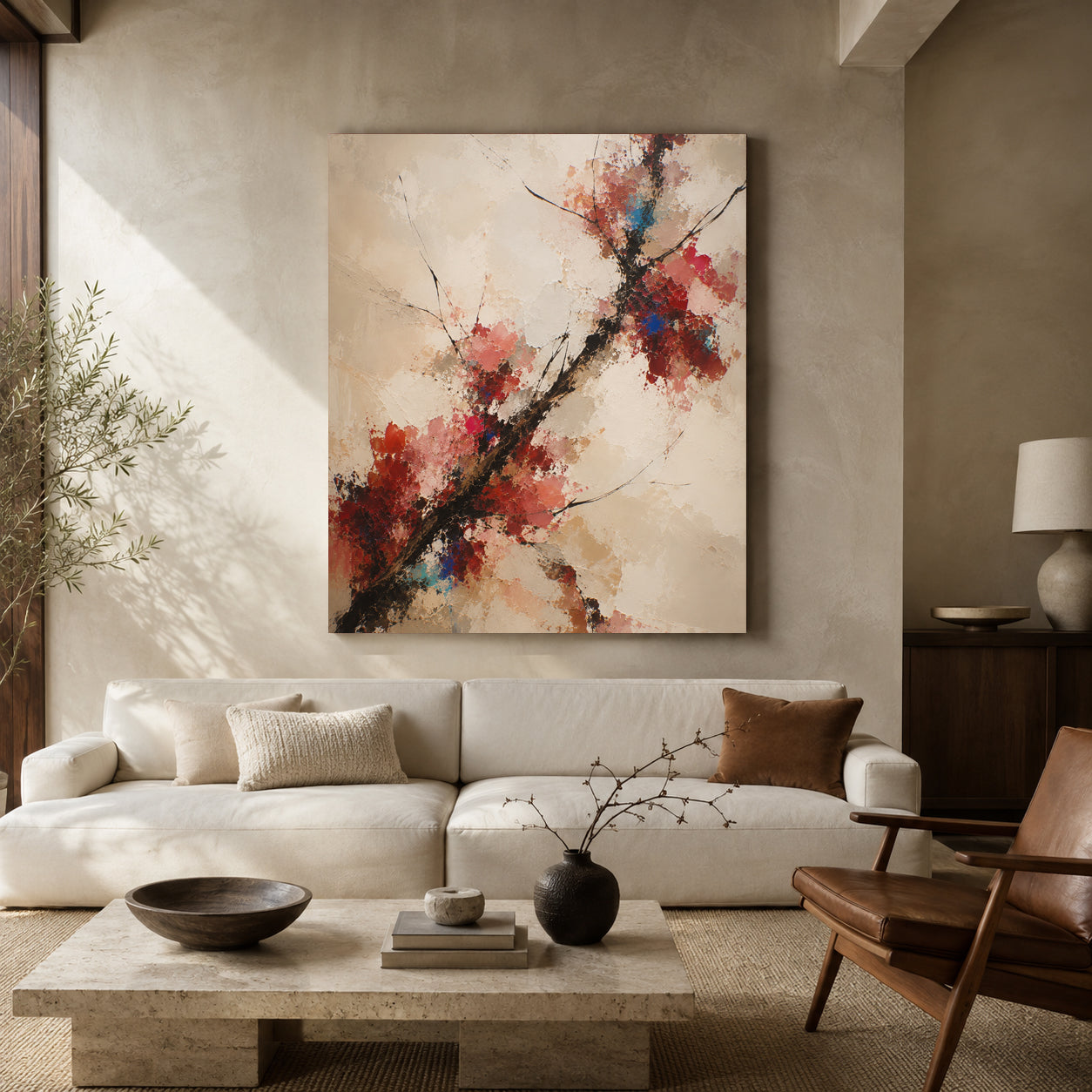 Textured Red Blossom Branch Abstract Canvas Art