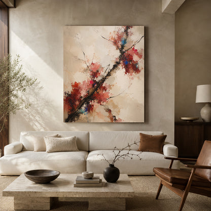 Textured Red Blossom Branch Abstract Canvas Art