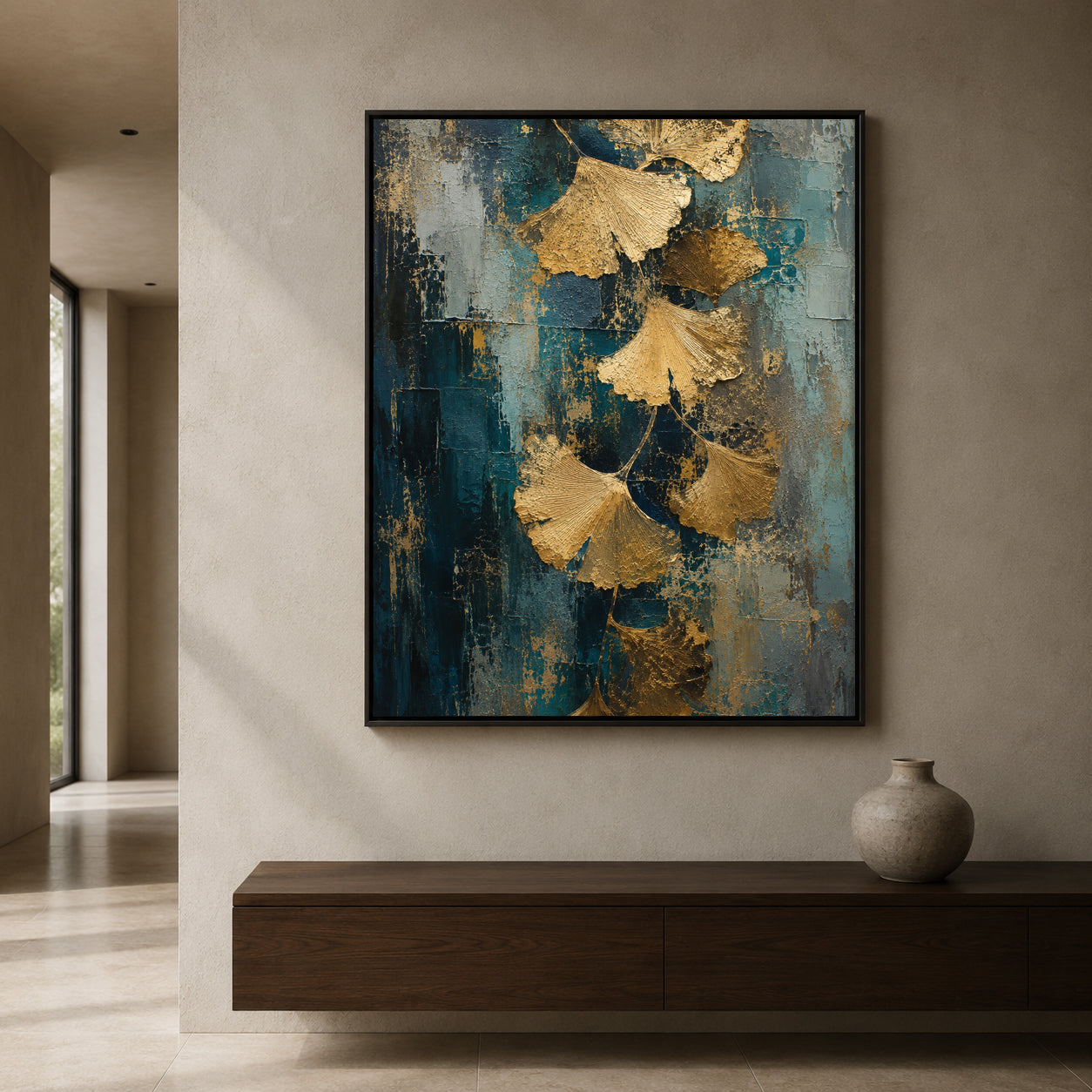 Golden Ginkgo Leaf Canvas Art on Teal Textured Background