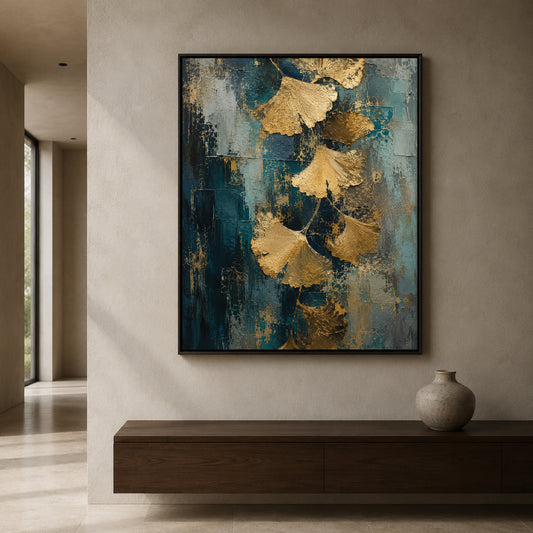 Golden Ginkgo Leaf Canvas Art on Teal Textured Background