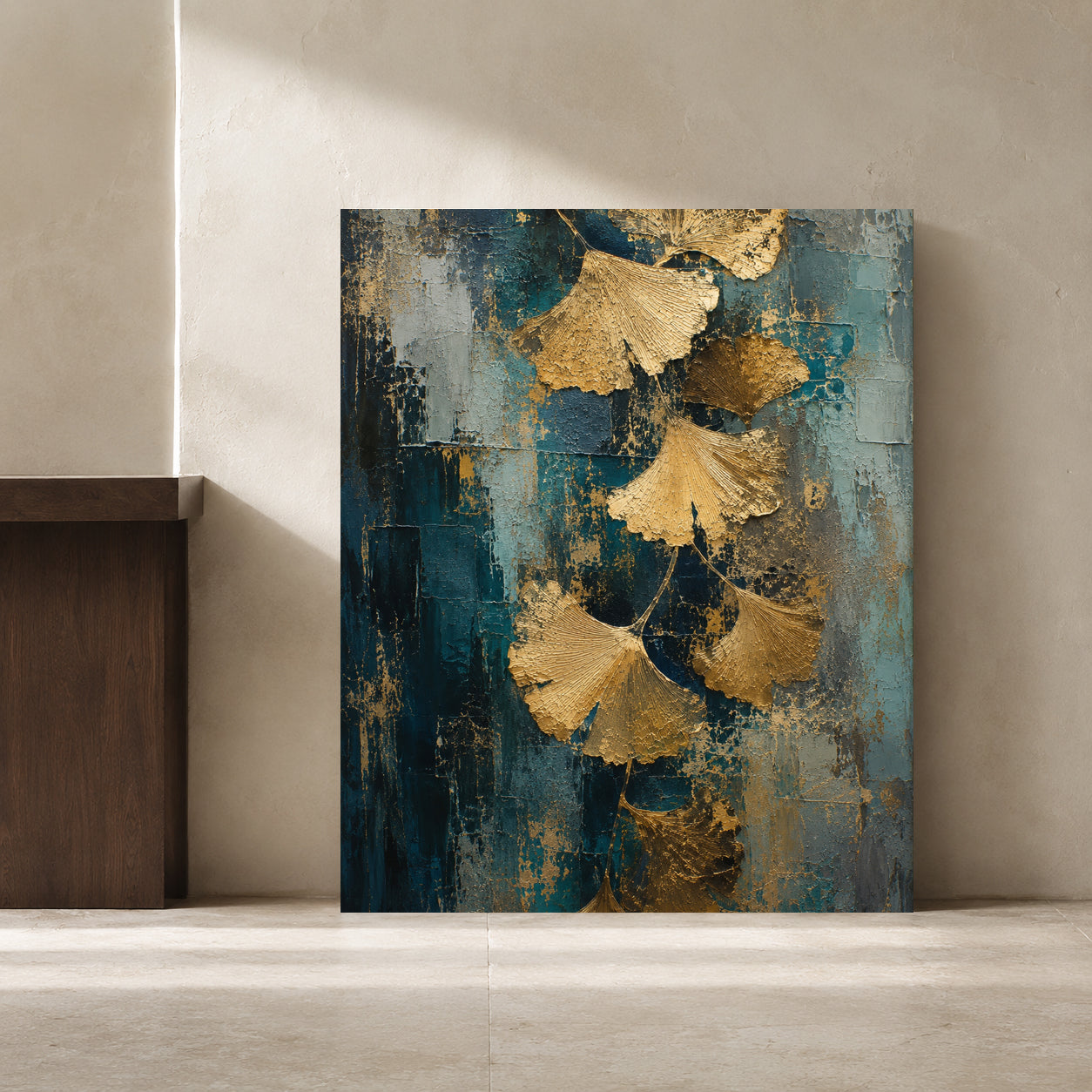 Golden Ginkgo Leaf Canvas Art on Teal Textured Background
