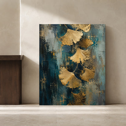 Golden Ginkgo Leaf Canvas Art on Teal Textured Background