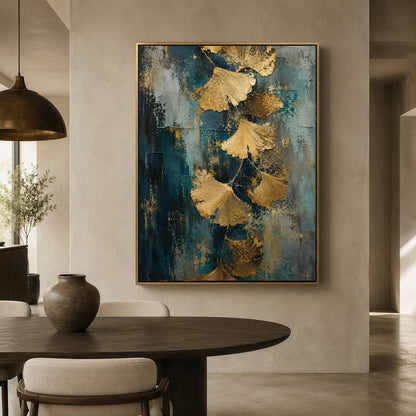Golden Ginkgo Leaf Canvas Art on Teal Textured Background