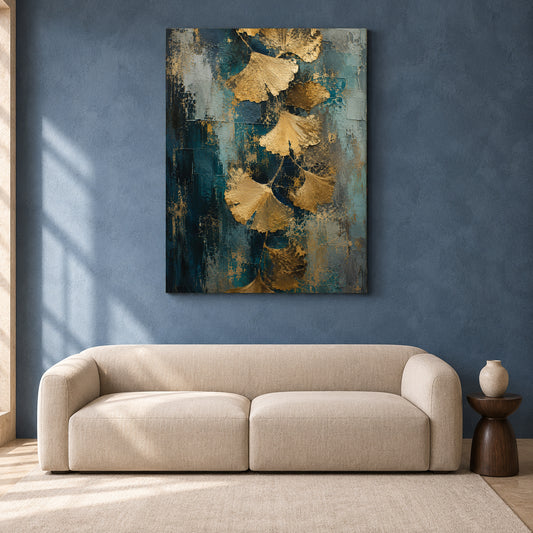 Golden Ginkgo Leaf Canvas Art on Teal Textured Background
