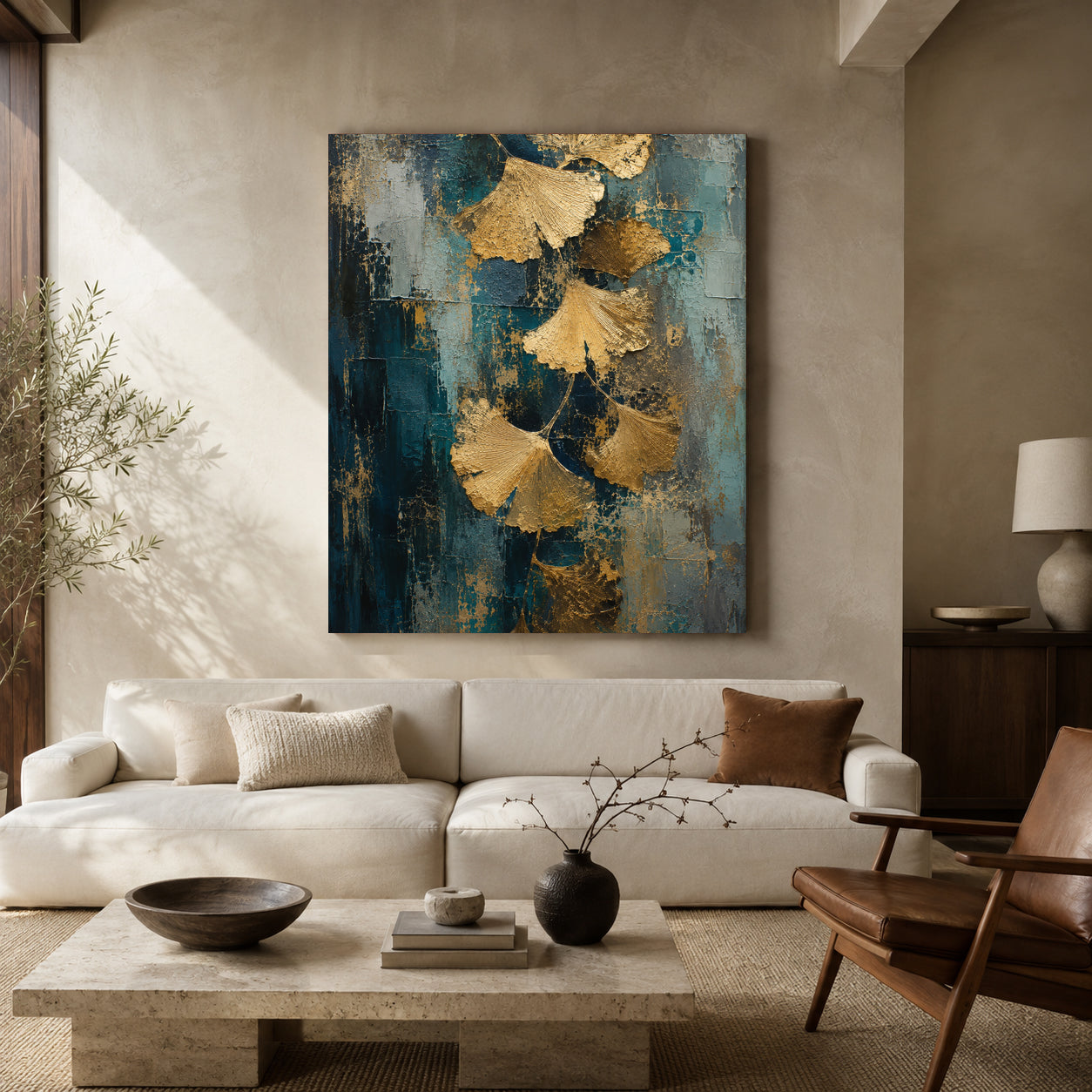 Golden Ginkgo Leaf Canvas Art on Teal Textured Background