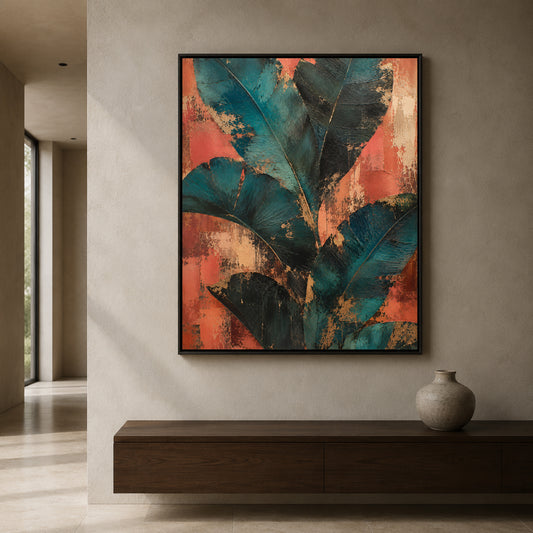A framed abstract botanical wall art print with large teal and black leaf shapes over a warm coral-orange background, displayed on a beige wall above a dark wood console with a vase.