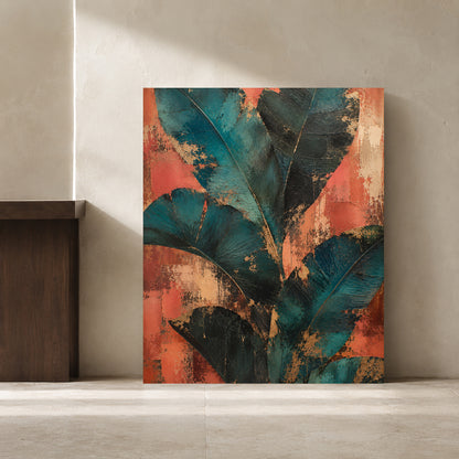 Abstract botanical wall art leaning against a textured beige wall in a minimalist interior setting. The artwork features large tropical leaves in deep teal and black with textured orange, terracotta, and gold paint strokes.