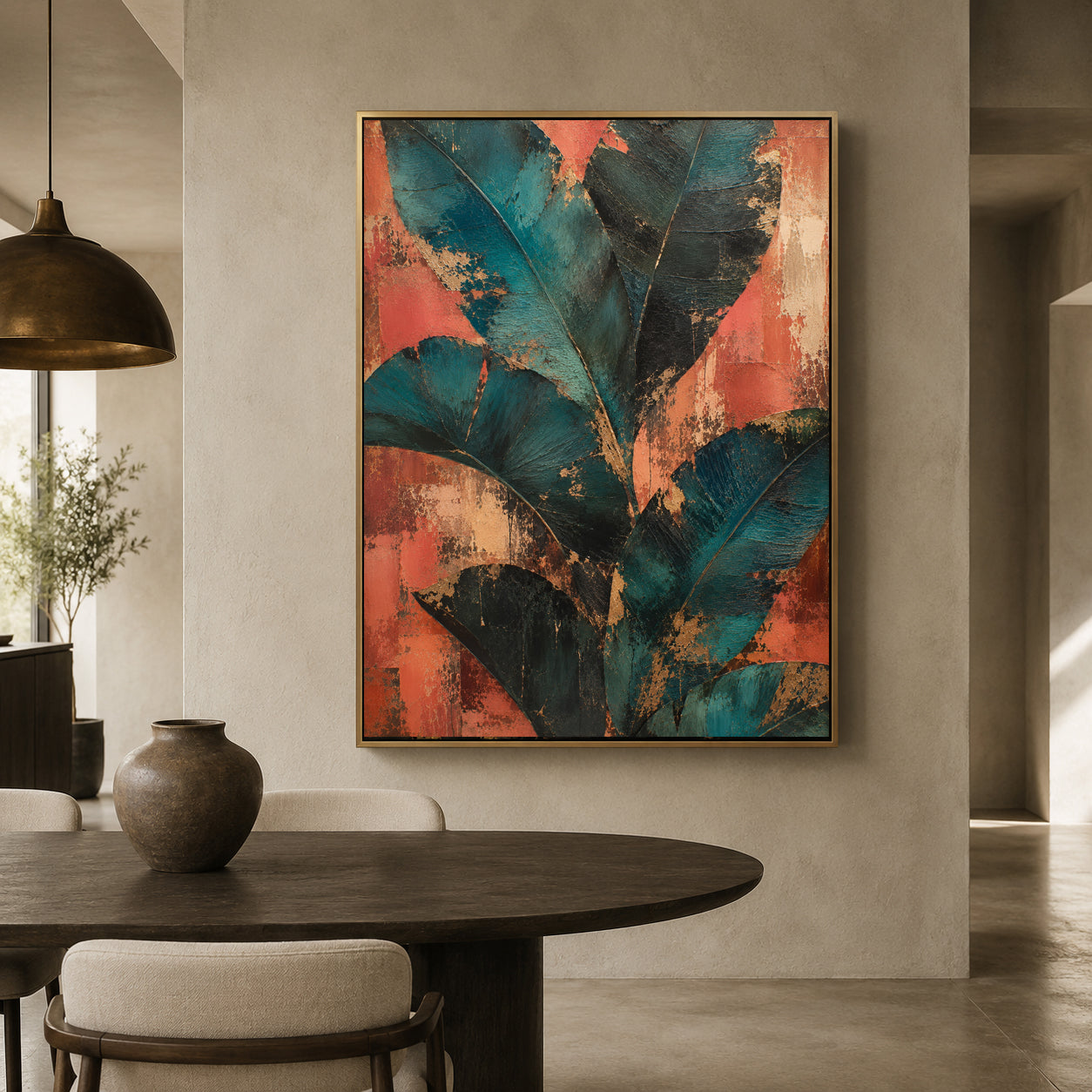 A framed abstract botanical painting featuring large teal and black tropical leaves over a coral-orange textured background, displayed on a beige wall above a dark wood dining table in a modern interior.