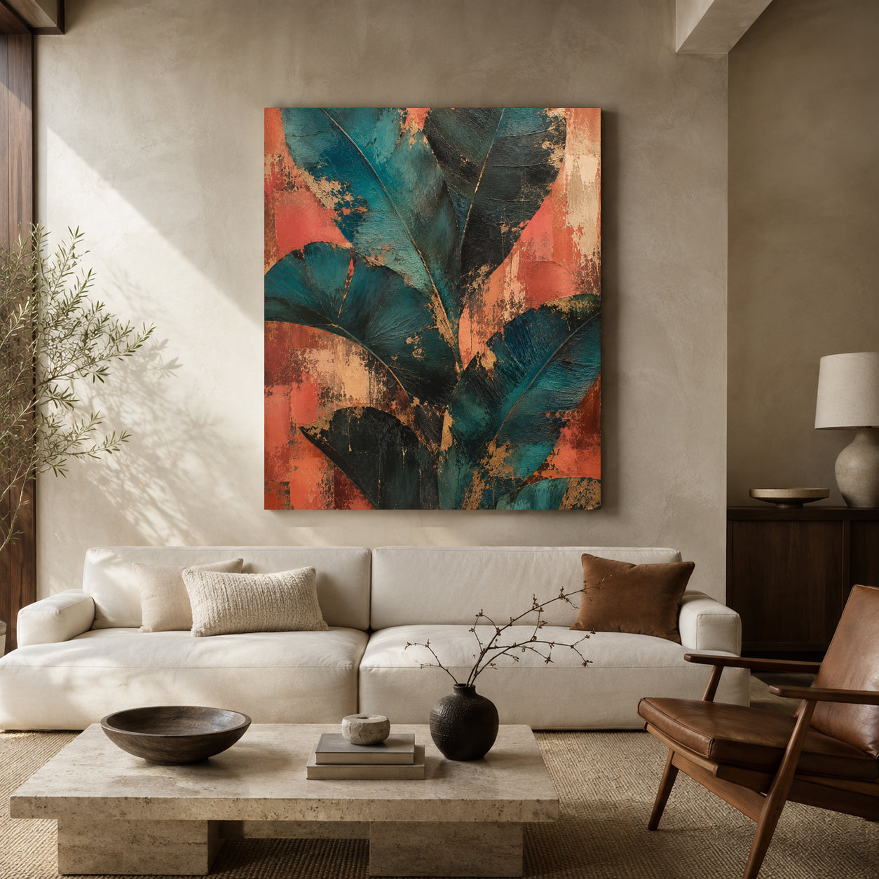 A large vertical canvas painting featuring abstract tropical leaves in teal, black, and coral-orange tones, displayed on a textured beige wall above a modern white sofa in a styled living room.