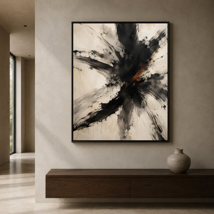 Fractured Motion Black and Ivory Expressive Abstract Canvas Art